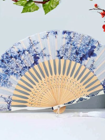 Blue and white peony patterned folding fan