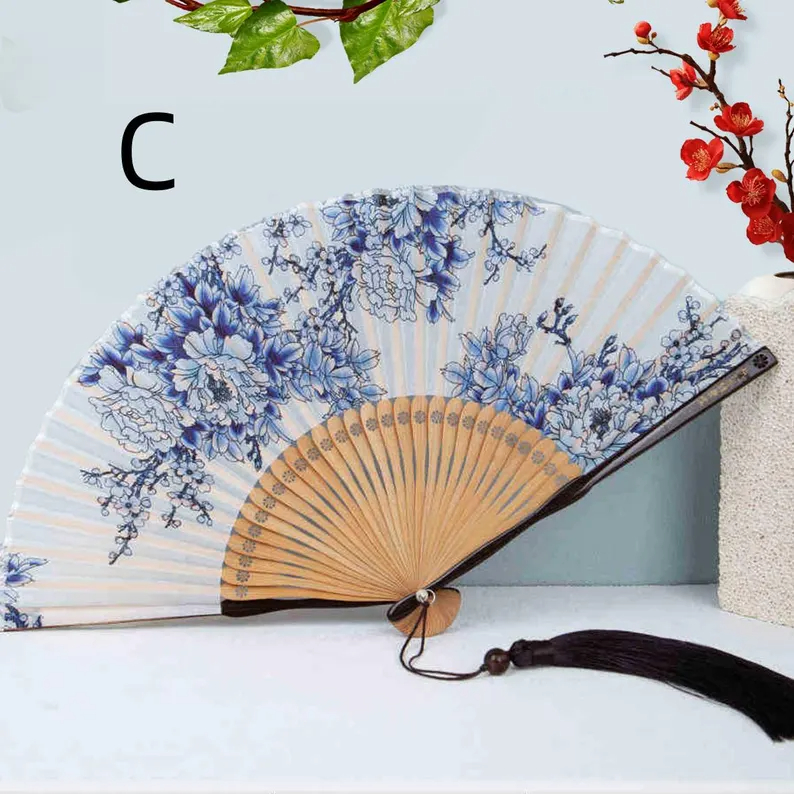 Blue and white peony patterned folding fan - Image 3