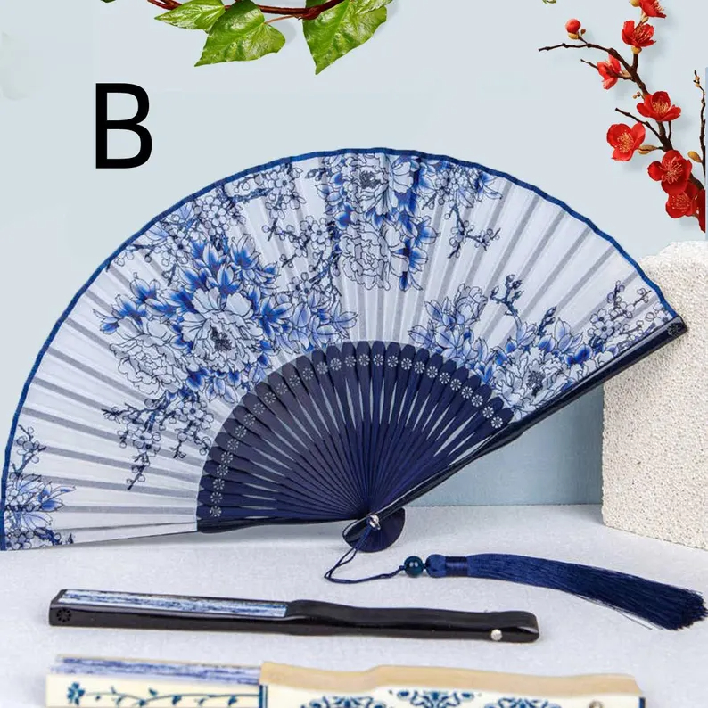 Blue and white peony patterned folding fan - Image 2