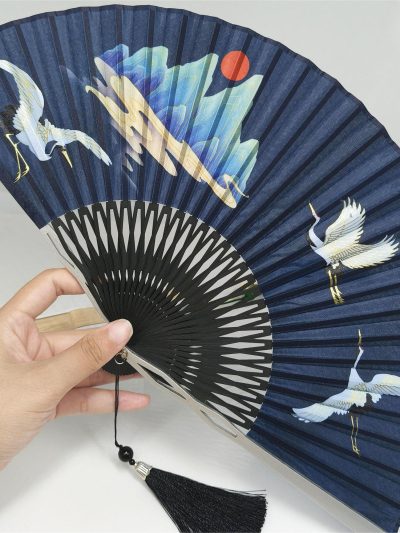 White Crane, Blue Mountain, Red Sun Folding Fan
