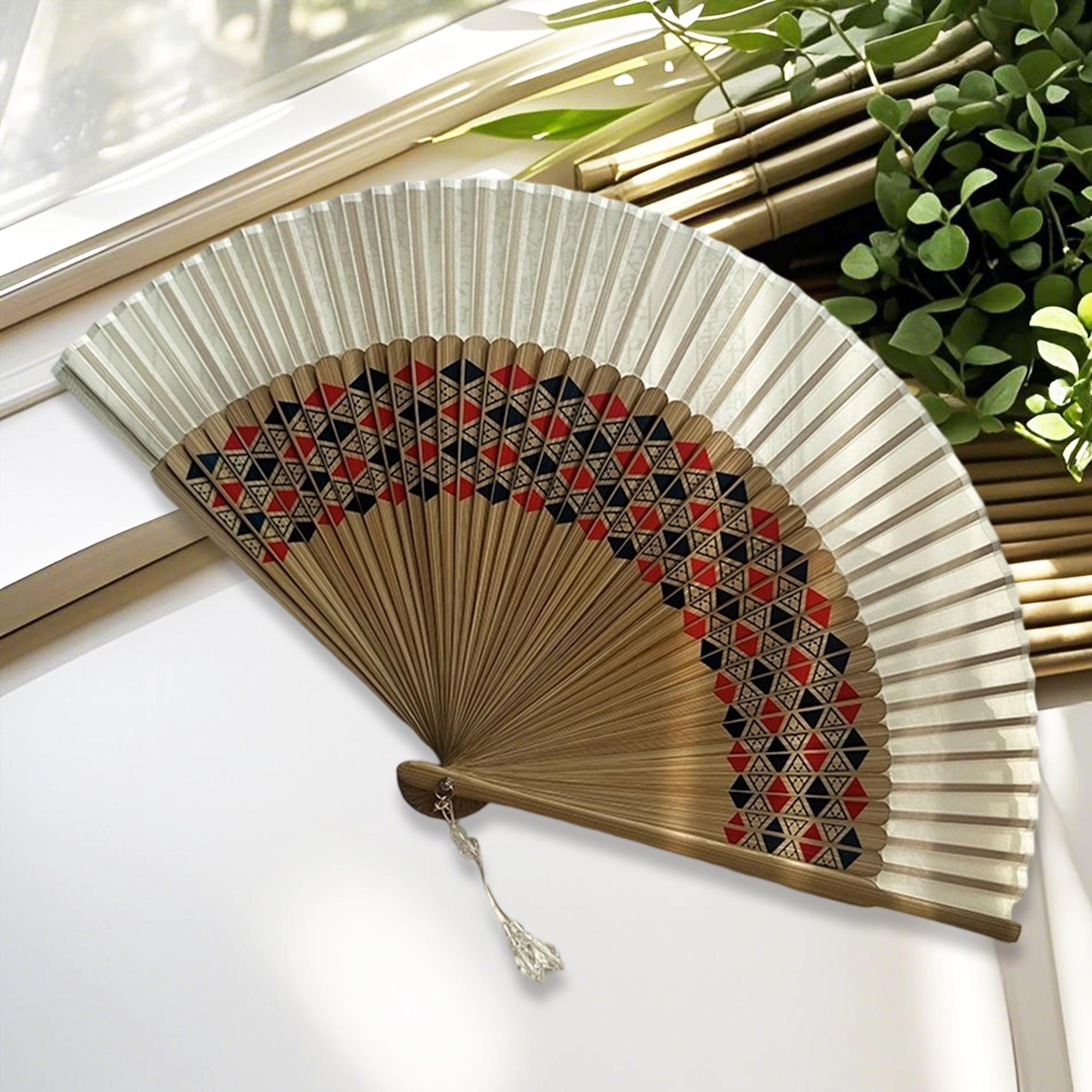 Red and black geometric triangle pattern folding fan