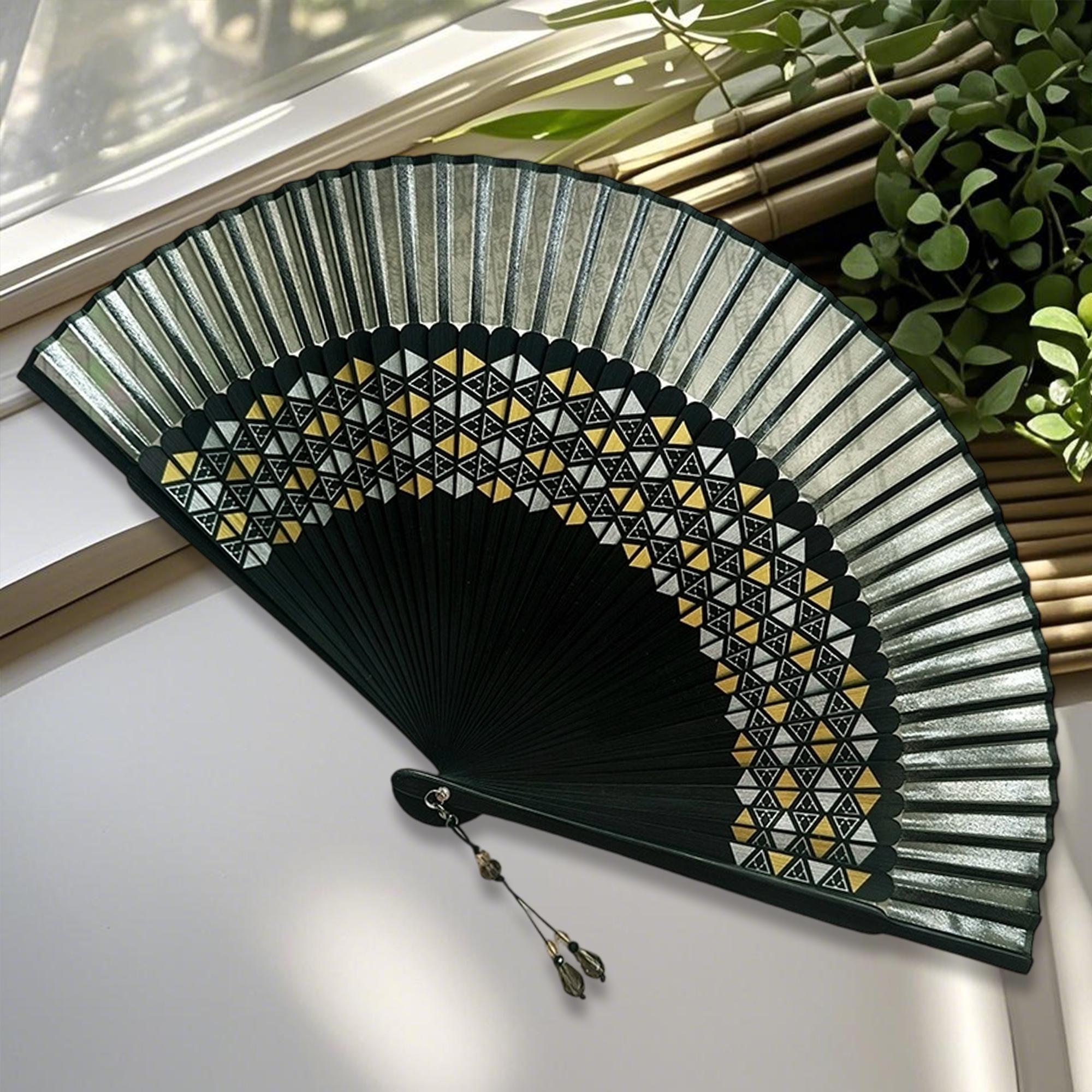 Red and black geometric triangle pattern folding fan - Image 3