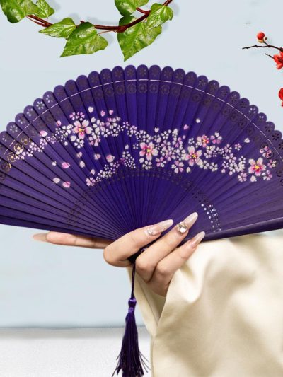 Cherry blossom lace-trimmed purple folding fan