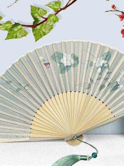 Light gray folding fan with plant and floral patterns
