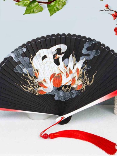 Nine-tailed fox red lotus flame pattern folding fan