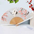 White Crane and Floral Pattern Folding Fan