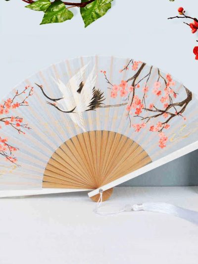 White Crane and Floral Pattern Folding Fan